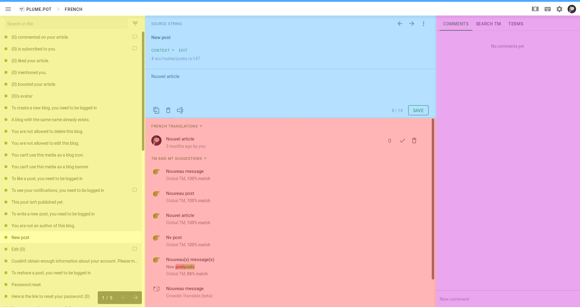 L'éditeur Crowdin, mais avec des couleurs pour les différentes zones